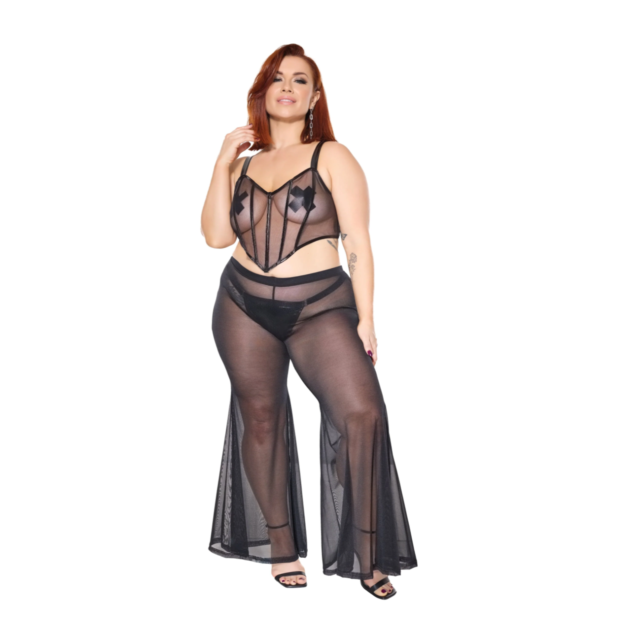 Black mesh bell-bottom pants, flared silhouette, stretchy, elasticized waist.