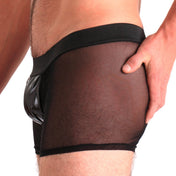PVC vinyl nylon Spandex polyester polyamide mesh sheer seethru see-thru transparent apparel intimates lingerie underwear shorts boxer boxer-shorts boxer-briefs pull-on pullon shiny glossy lightweight fashionable fetish fashion alt-fashion bedroom dancewear rave ravewear male masculine masc mens menswear guys dudes black