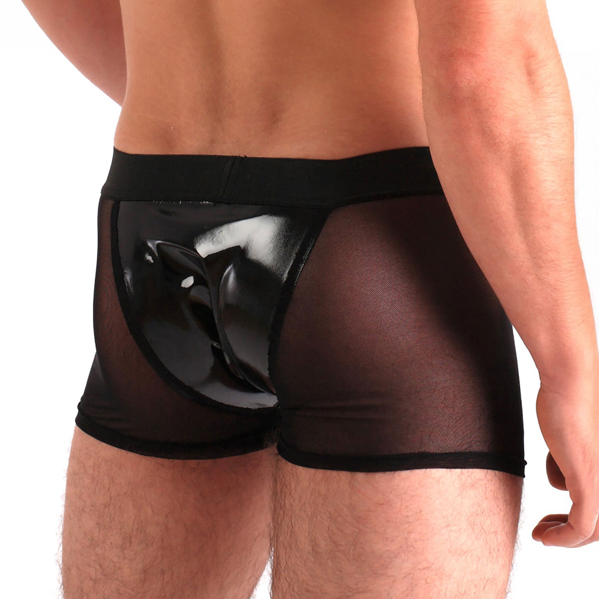 PVC vinyl nylon Spandex polyester polyamide mesh sheer seethru see-thru transparent apparel intimates lingerie underwear shorts boxer boxer-shorts boxer-briefs pull-on pullon shiny glossy lightweight fashionable fetish fashion alt-fashion bedroom dancewear rave ravewear male masculine masc mens menswear guys dudes black