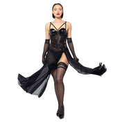 PVC vinyl polyester polyurethane elastane mesh fine-mesh sheer transparent polyamide dress maxi-dress long gown corset-top asymmetrical vinyl-cups cincher back-cincher strappy corsetlike boning flexible adjustable shoulder-straps high-slit leg-slit O-ring glossy shiny flowing lusty female femme feminine women black
