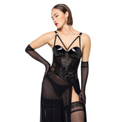 PVC vinyl polyester polyurethane elastane mesh fine-mesh sheer transparent polyamide dress maxi-dress long gown corset-top asymmetrical vinyl-cups cincher back-cincher strappy corsetlike boning flexible adjustable shoulder-straps high-slit leg-slit O-ring glossy shiny flowing lusty female femme feminine women black