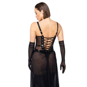 PVC vinyl polyester polyurethane elastane mesh fine-mesh sheer transparent polyamide dress maxi-dress long gown corset-top asymmetrical vinyl-cups cincher back-cincher strappy corsetlike boning flexible adjustable shoulder-straps high-slit leg-slit O-ring glossy shiny flowing lusty female femme feminine women black