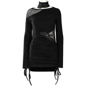 Viscose elastane polyester mesh sheer semi-transparent seethru see-thru see-through apparel 2pc 2-pc 2-piece two-piece dress minidress mini-dress longsleeve long-sleeve sleeves sleeved mesh-panel mesh-insert peekaboo peek-a-boo embroidery collar drawstring shoulder waist pull-on button-closure figure-hugging fetish fashion alt-fashion party-girl eveningwear formal female femme feminine womens black