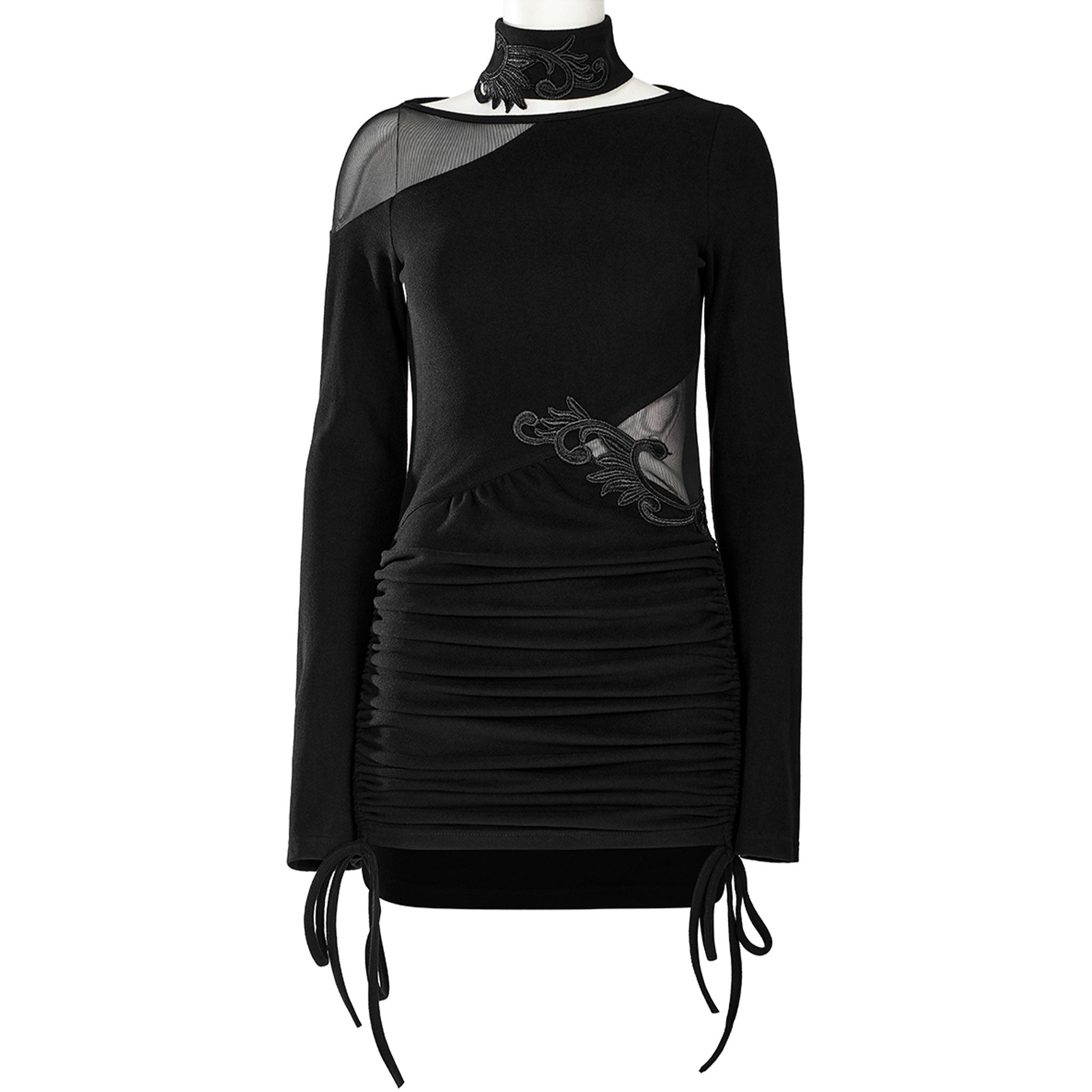 Viscose elastane polyester mesh sheer semi-transparent seethru see-thru see-through apparel 2pc 2-pc 2-piece two-piece dress minidress mini-dress longsleeve long-sleeve sleeves sleeved mesh-panel mesh-insert peekaboo peek-a-boo embroidery collar drawstring shoulder waist pull-on button-closure figure-hugging fetish fashion alt-fashion party-girl eveningwear formal female femme feminine womens black