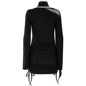 Viscose elastane polyester mesh sheer semi-transparent seethru see-thru see-through apparel 2pc 2-pc 2-piece two-piece dress minidress mini-dress longsleeve long-sleeve sleeves sleeved mesh-panel mesh-insert peekaboo peek-a-boo embroidery collar drawstring shoulder waist pull-on button-closure figure-hugging fetish fashion alt-fashion party-girl eveningwear formal female femme feminine womens black