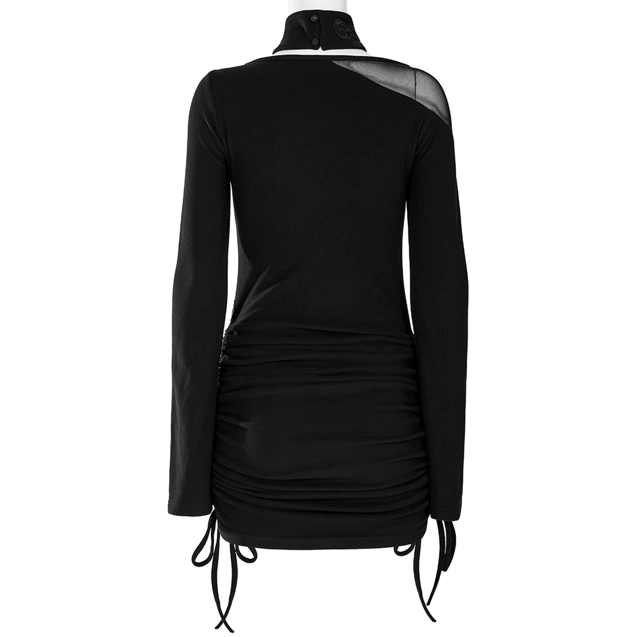 Viscose elastane polyester mesh sheer semi-transparent seethru see-thru see-through apparel 2pc 2-pc 2-piece two-piece dress minidress mini-dress longsleeve long-sleeve sleeves sleeved mesh-panel mesh-insert peekaboo peek-a-boo embroidery collar drawstring shoulder waist pull-on button-closure figure-hugging fetish fashion alt-fashion party-girl eveningwear formal female femme feminine womens black