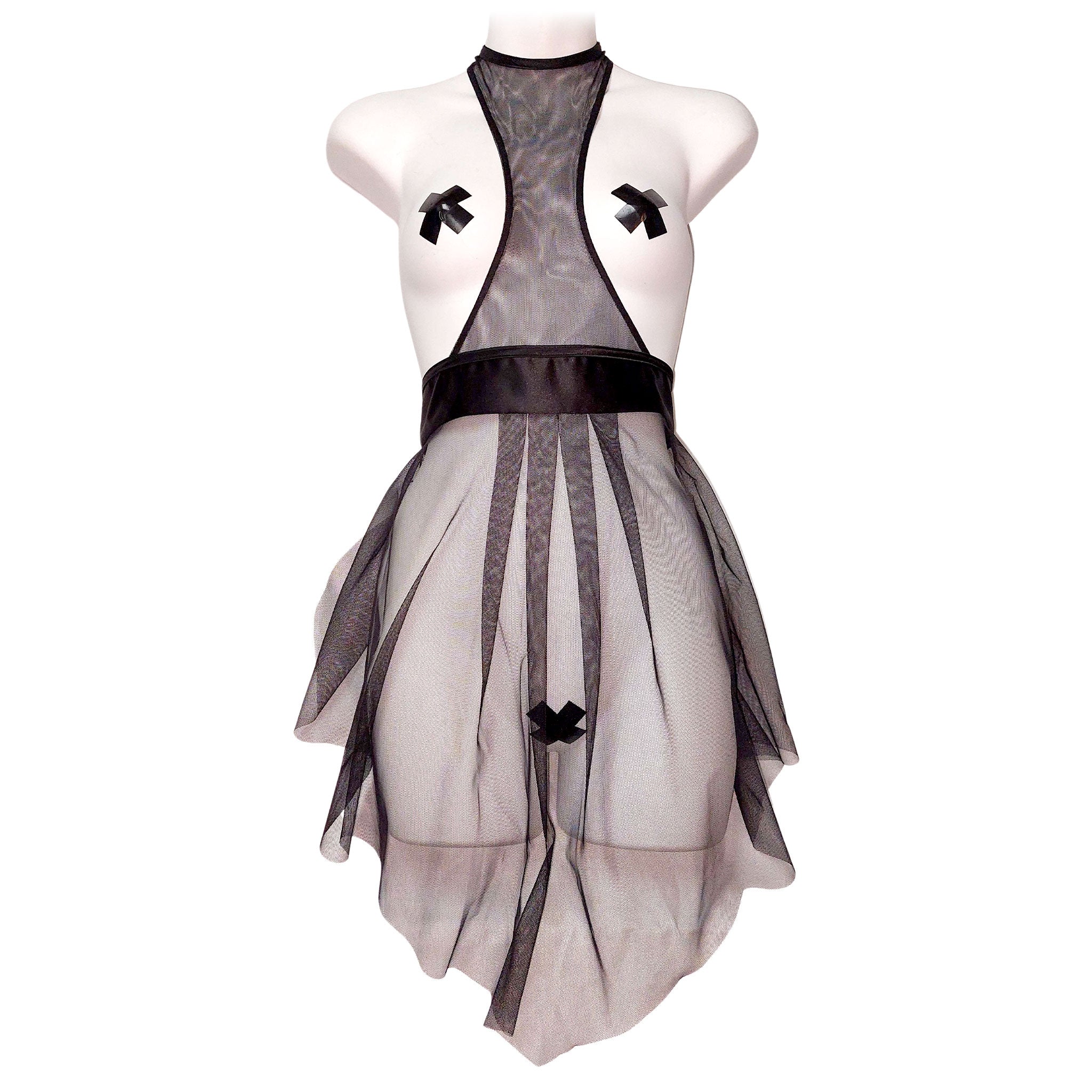 Polyester satin-ribbon mesh sheer transparent apparel dress apron open-front sleeveless adjustable suspender-straps bib narrow-bib close-fit sternum exposed-chest domestic-goddess breathable fetish fashion alt-fahsion mid-century costume cosplay halloween roleplay role-play fantasy maid homemaker housewife sissy female femme feminine women black