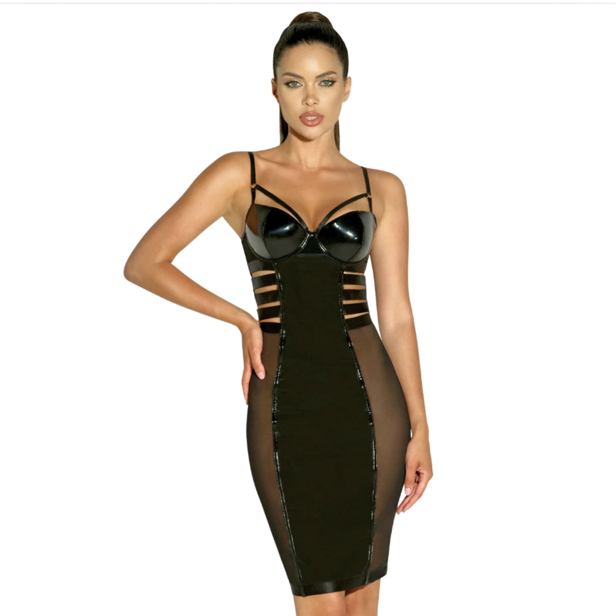 Wetlook mesh sheer dress midi midi-length midi-dress mididress babydoll knee-length knee paneling panels sleek bra padded cup cups underwire straps wide cage caged adjustable fetish-fashion fetish fashion kinky black