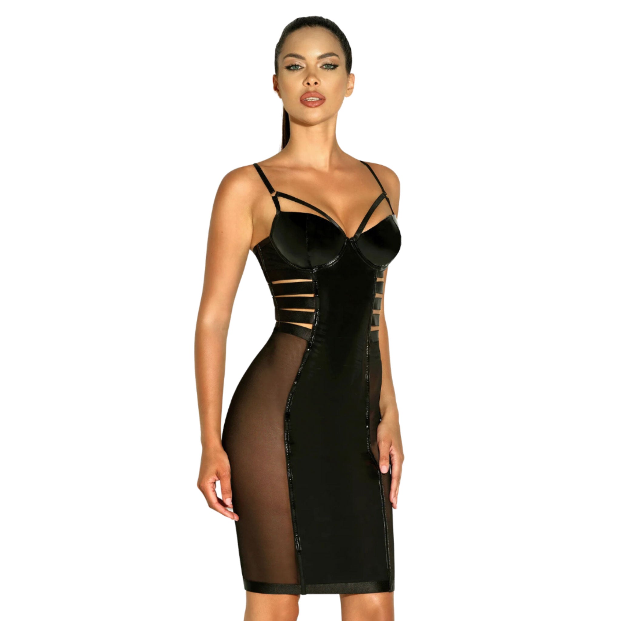 Wetlook mesh sheer dress midi midi-length midi-dress mididress babydoll knee-length knee paneling panels sleek bra padded cup cups underwire straps wide cage caged adjustable fetish-fashion fetish fashion kinky black