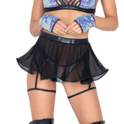 Mesh sheer transparent skirt mini-skirt miniskirt metallic waistband iridescent breathable lightweight flowing flowy whimsical comfortable secure graceful flattering eye-catching rave festival costume ravewear rave-wear female femme feminine women queen black