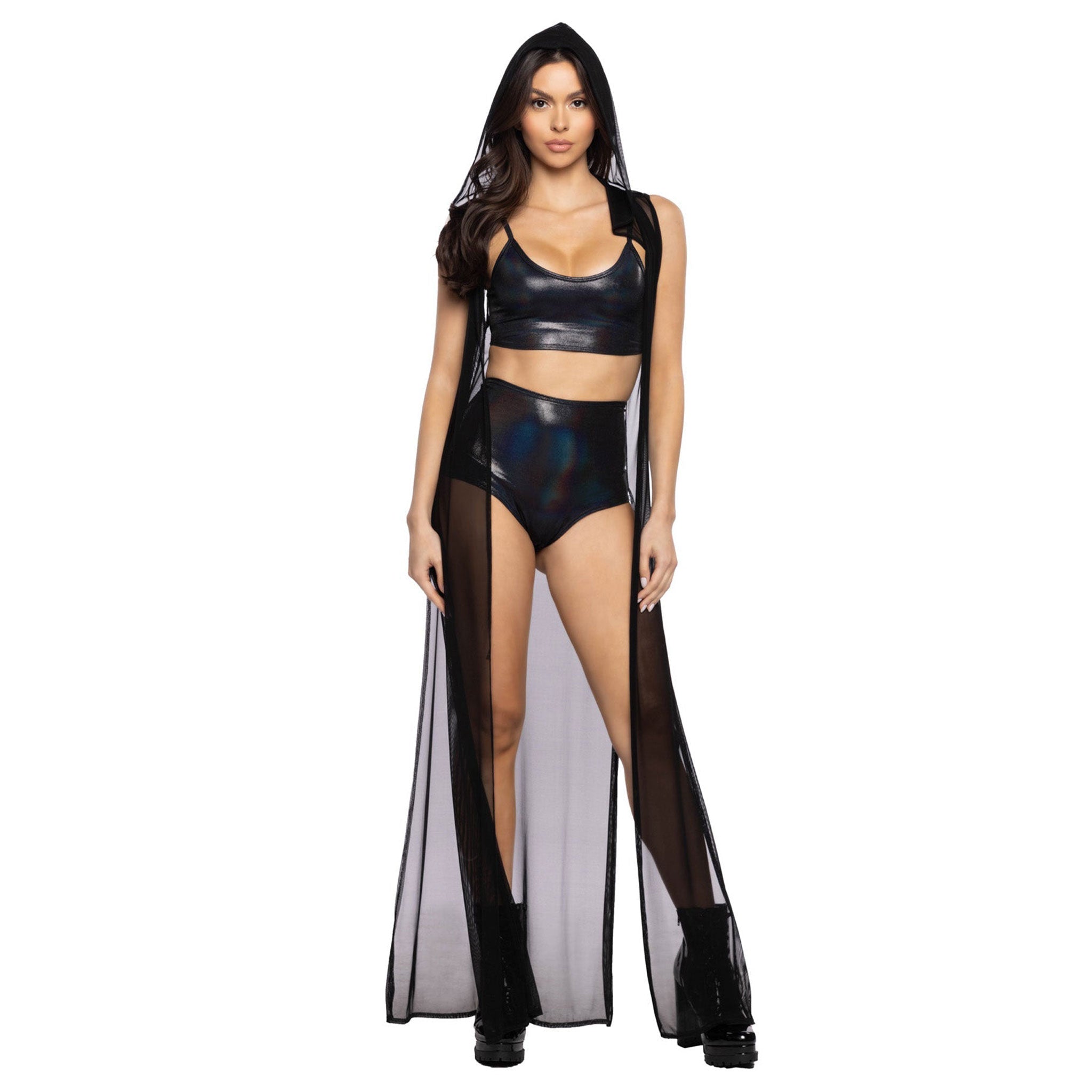 Spandex nylon mesh sheer transparent lightweight outerwear robe cloak hooded hoody hoodie duster sleeveless long longline coverup cover-up layering breathable dramatic street-style streetwear urban bold flowy mysterious mystery rave ravewear festival dark-raver raver-babe goth gothic fetish fashion alt-fashion unisex black