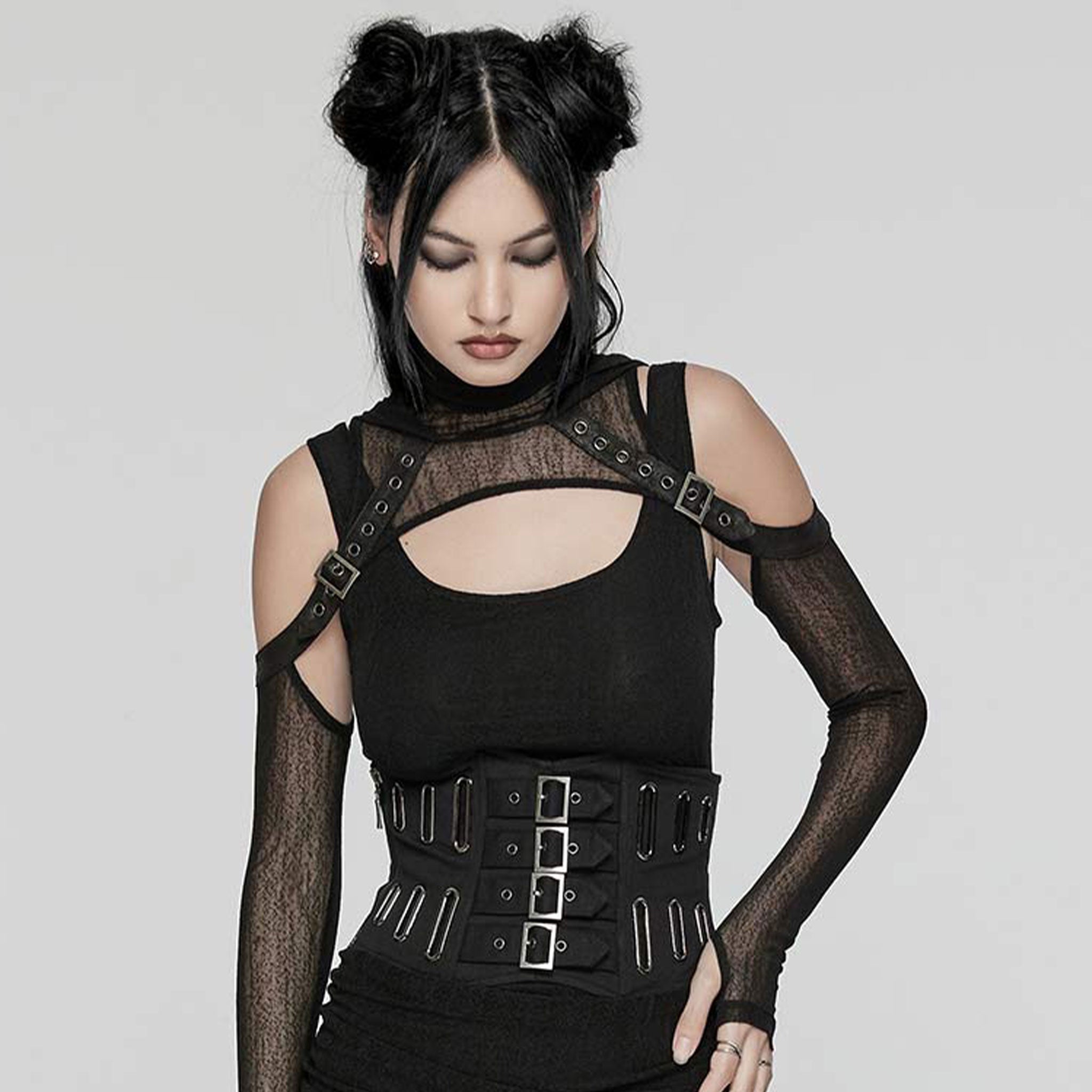 Cotton cotton-twill polyester acrylic mesh mesh-splice mesh-underlay cotton-overlay cotton-shell apparel tops corset cincher underbust under-bust buckles decorative-buckle oval-eyelets side-zip zipper adjustable lace-up laceup modesty-panel rugged industrial multi-dimensional layered depth intrigue fetish fashion alt-fashion punk goth gothic gothic-doll unisex black