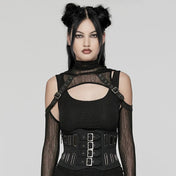 Cotton cotton-twill polyester acrylic mesh mesh-splice mesh-underlay cotton-overlay cotton-shell apparel tops corset cincher underbust under-bust buckles decorative-buckle oval-eyelets side-zip zipper adjustable lace-up laceup modesty-panel rugged industrial multi-dimensional layered depth intrigue fetish fashion alt-fashion punk goth gothic gothic-doll unisex black
