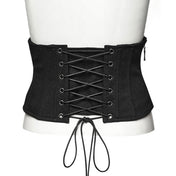 Cotton cotton-twill polyester acrylic mesh mesh-splice mesh-underlay cotton-overlay cotton-shell apparel tops corset cincher underbust under-bust buckles decorative-buckle oval-eyelets side-zip zipper adjustable lace-up laceup modesty-panel rugged industrial multi-dimensional layered depth intrigue fetish fashion alt-fashion punk goth gothic gothic-doll unisex black