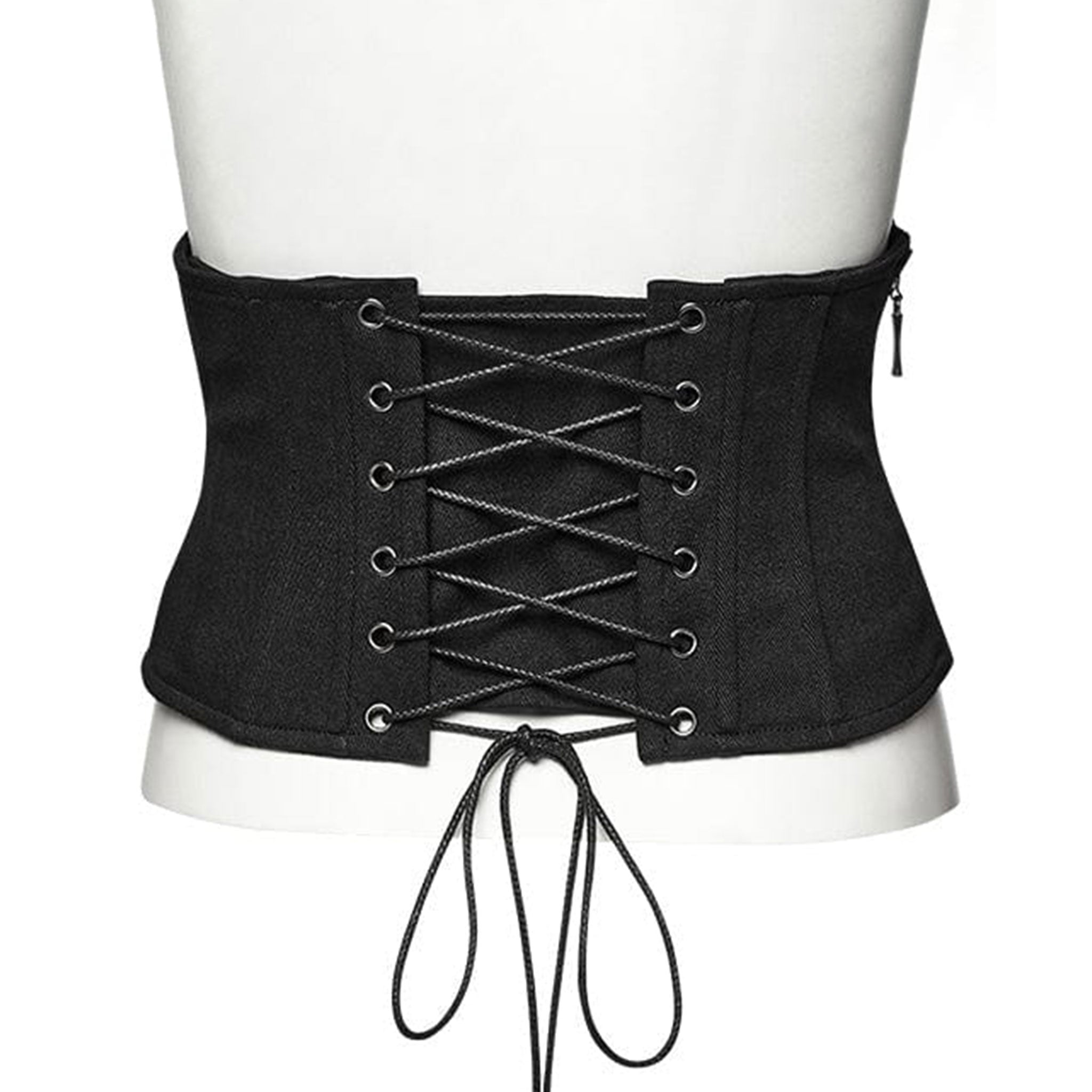 Cotton cotton-twill polyester acrylic mesh mesh-splice mesh-underlay cotton-overlay cotton-shell apparel tops corset cincher underbust under-bust buckles decorative-buckle oval-eyelets side-zip zipper adjustable lace-up laceup modesty-panel rugged industrial multi-dimensional layered depth intrigue fetish fashion alt-fashion punk goth gothic gothic-doll unisex black