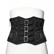 Cotton cotton-twill polyester acrylic mesh mesh-splice mesh-underlay cotton-overlay cotton-shell apparel tops corset cincher underbust under-bust buckles decorative-buckle oval-eyelets side-zip zipper adjustable lace-up laceup modesty-panel rugged industrial multi-dimensional layered depth intrigue fetish fashion alt-fashion punk goth gothic gothic-doll unisex black