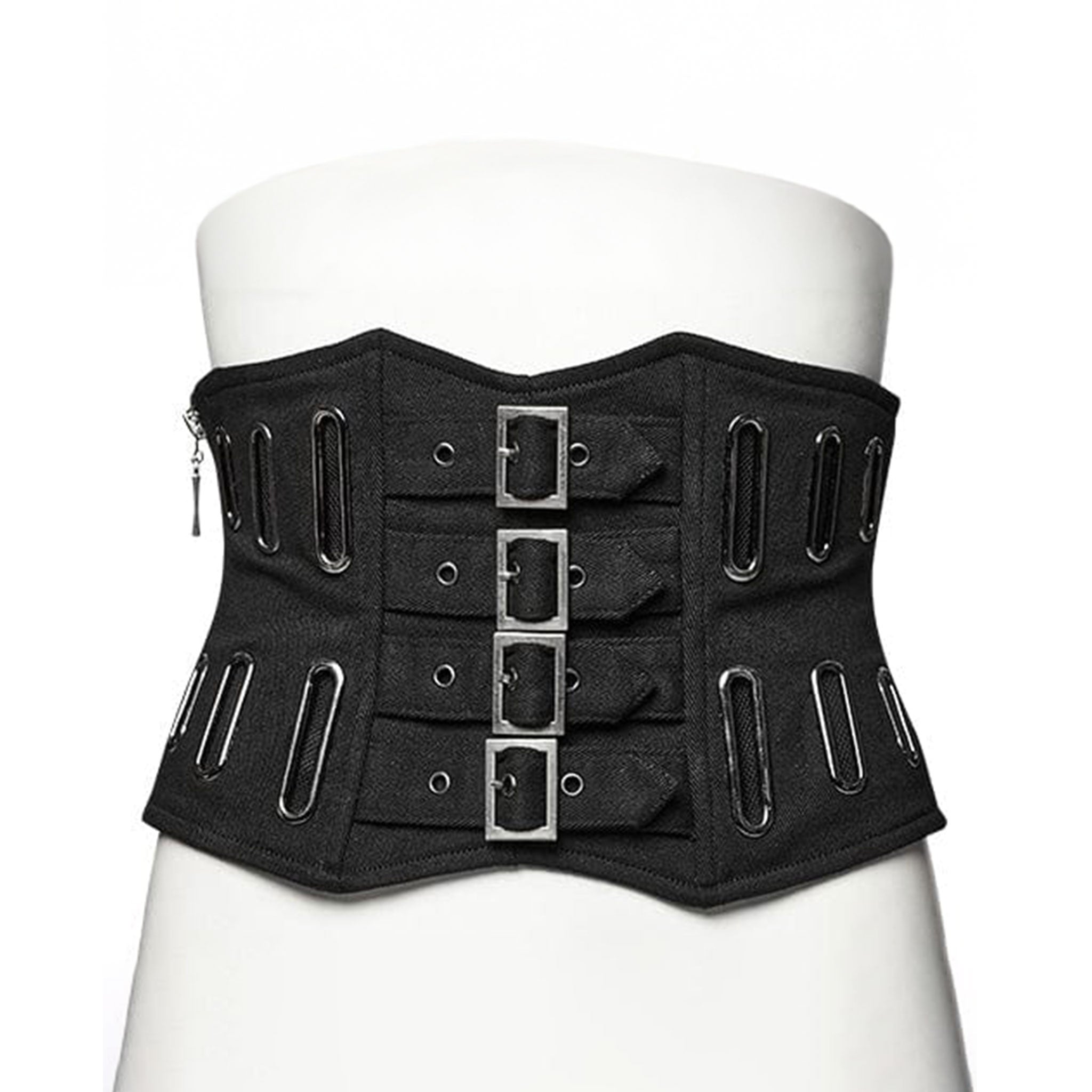 Cotton cotton-twill polyester acrylic mesh mesh-splice mesh-underlay cotton-overlay cotton-shell apparel tops corset cincher underbust under-bust buckles decorative-buckle oval-eyelets side-zip zipper adjustable lace-up laceup modesty-panel rugged industrial multi-dimensional layered depth intrigue fetish fashion alt-fashion punk goth gothic gothic-doll unisex black