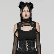 Cotton twill overlay mesh underlay corset cincher underbust under-bust buckle front splice oval eyelets side zipper punk industrial rugged layered black