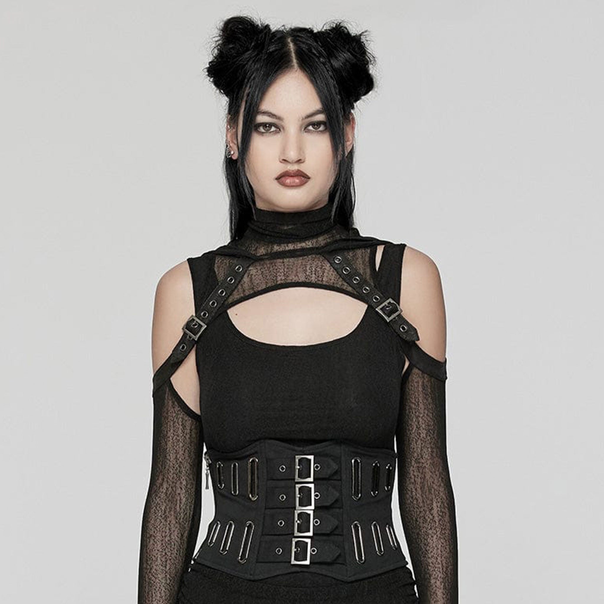 Cotton twill overlay mesh underlay corset cincher underbust under-bust buckle front splice oval eyelets side zipper punk industrial rugged layered black