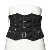 Cotton twill overlay mesh underlay corset cincher underbust under-bust buckle front splice oval eyelets side zipper punk industrial rugged layered black