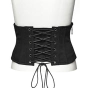 Cotton twill overlay mesh underlay corset cincher underbust under-bust buckle front splice oval eyelets side zipper punk industrial rugged layered black