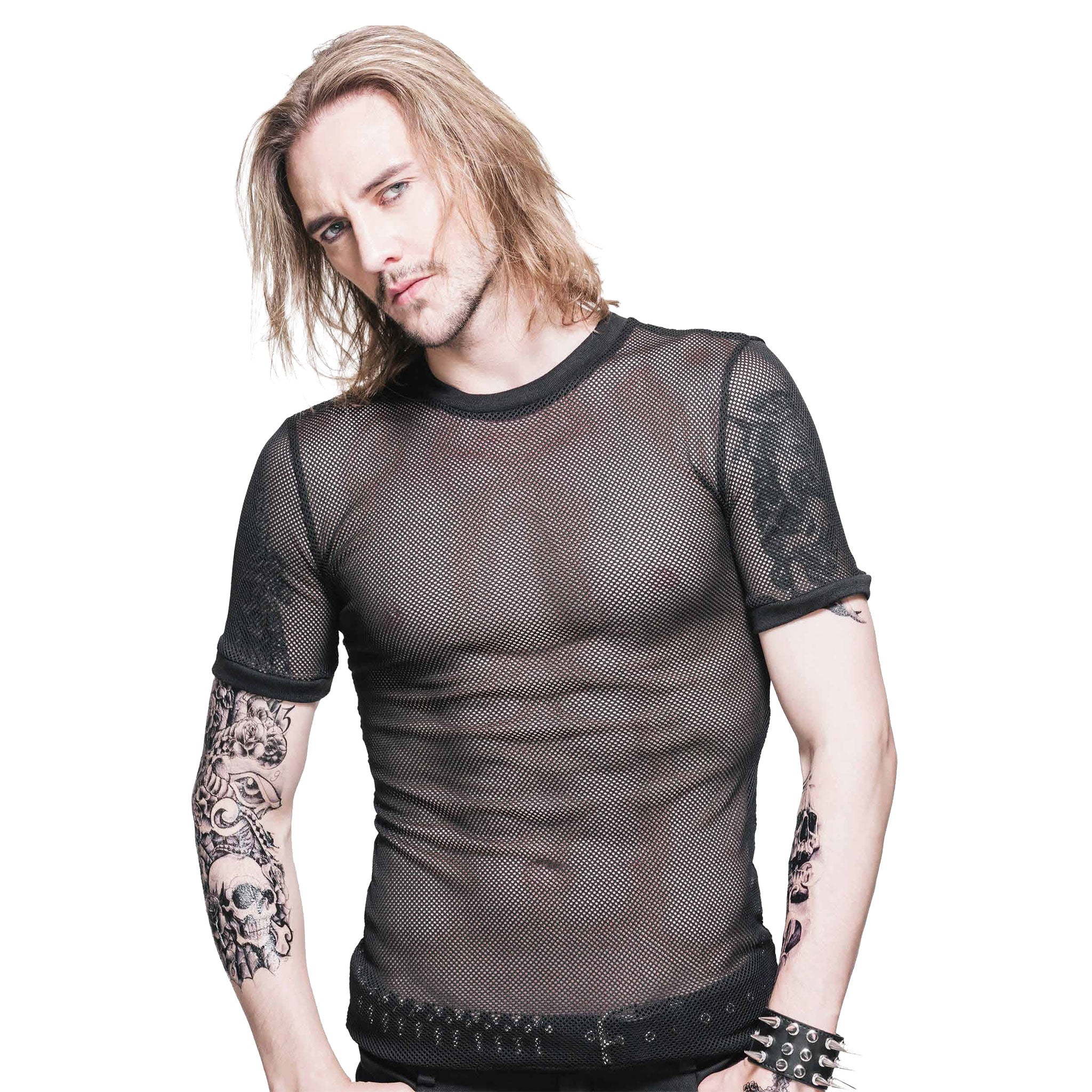 Polyamide mesh sheer see-through see-thru apparel top shirt t-shirt short-sleeve sleeve sleeves sleeved short muscle-shirt rebellious daring accentuating stretchy breathable fetish fashion alt-fashion alternative punk goth gothic cyber cyberpunk festival rave raver-babe party costume cosplay halloween unisex black