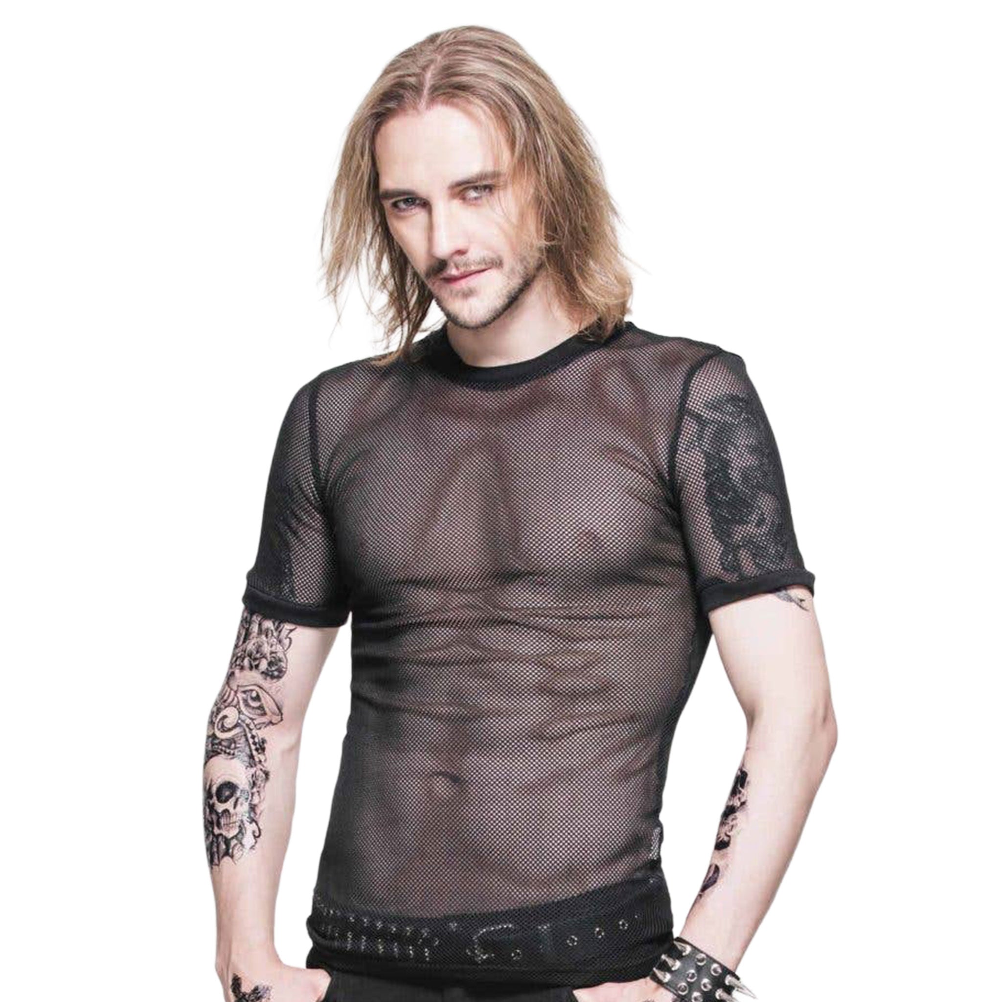 Polyamide mesh sheer see-through see-thru apparel top shirt t-shirt short-sleeve sleeve sleeves sleeved short muscle-shirt rebellious daring accentuating stretchy breathable fetish fashion alt-fashion alternative punk goth gothic cyber cyberpunk festival rave raver-babe party costume cosplay halloween unisex black