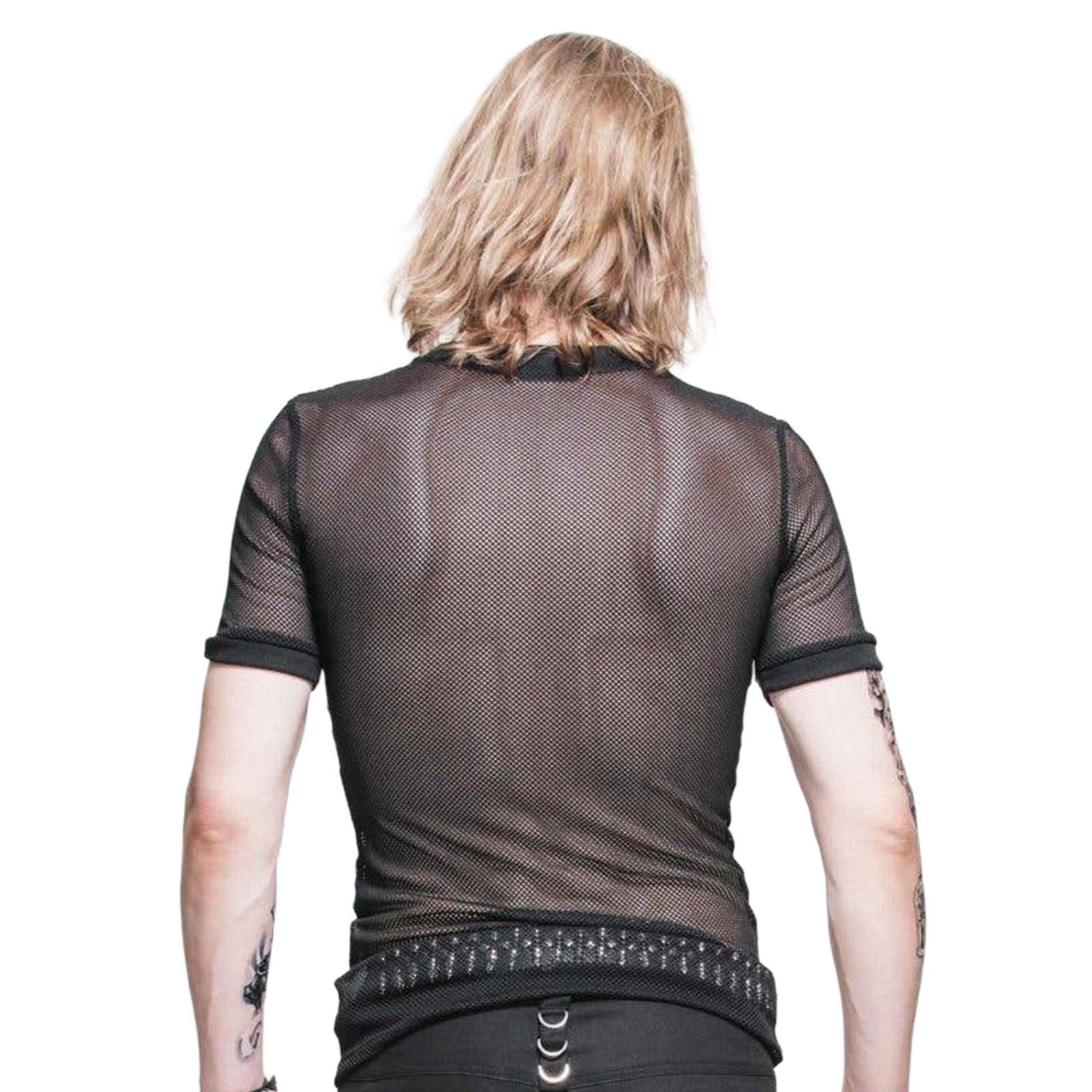 Polyamide mesh sheer see-through see-thru apparel top shirt t-shirt short-sleeve sleeve sleeves sleeved short muscle-shirt rebellious daring accentuating stretchy breathable fetish fashion alt-fashion alternative punk goth gothic cyber cyberpunk festival rave raver-babe party costume cosplay halloween unisex black