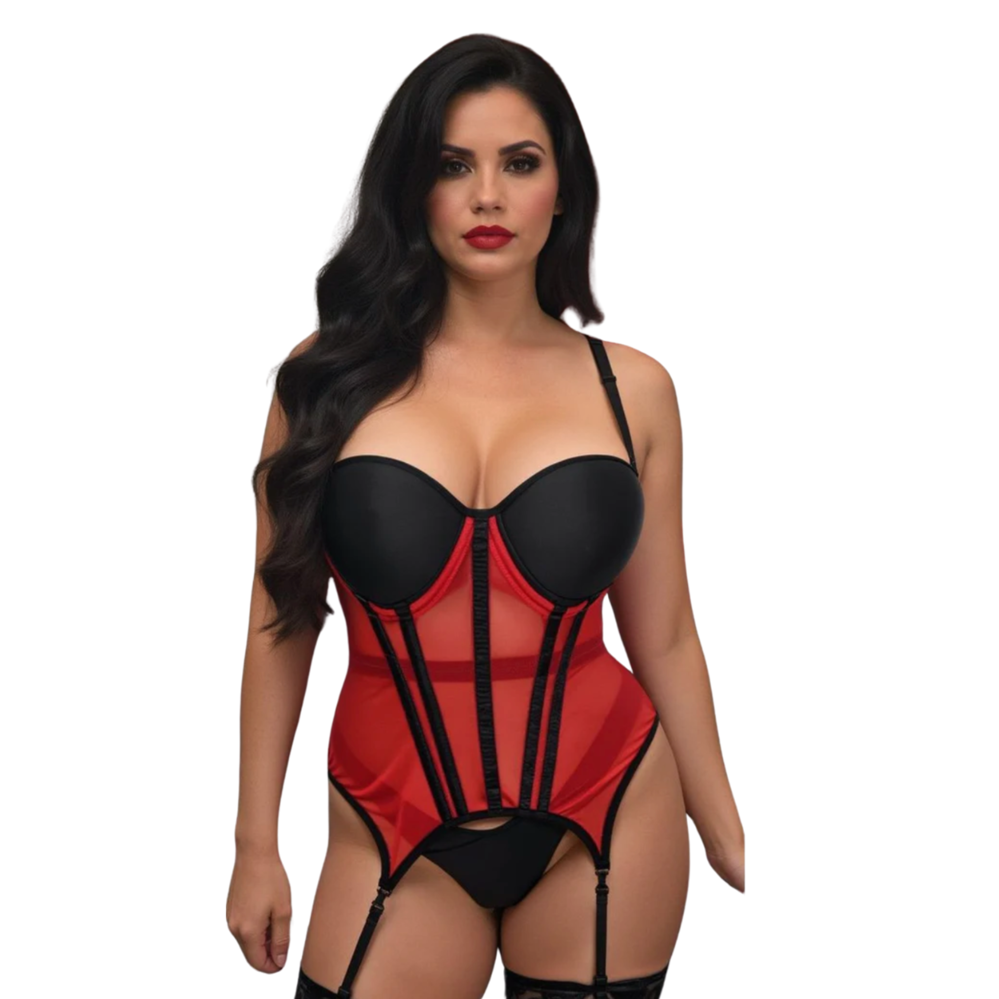 red black mesh bustier corset, sheer underwire corset lingerie with garters, gothic mesh corset with waist tape, red mesh corset top with support, seductive red bustier with hook back