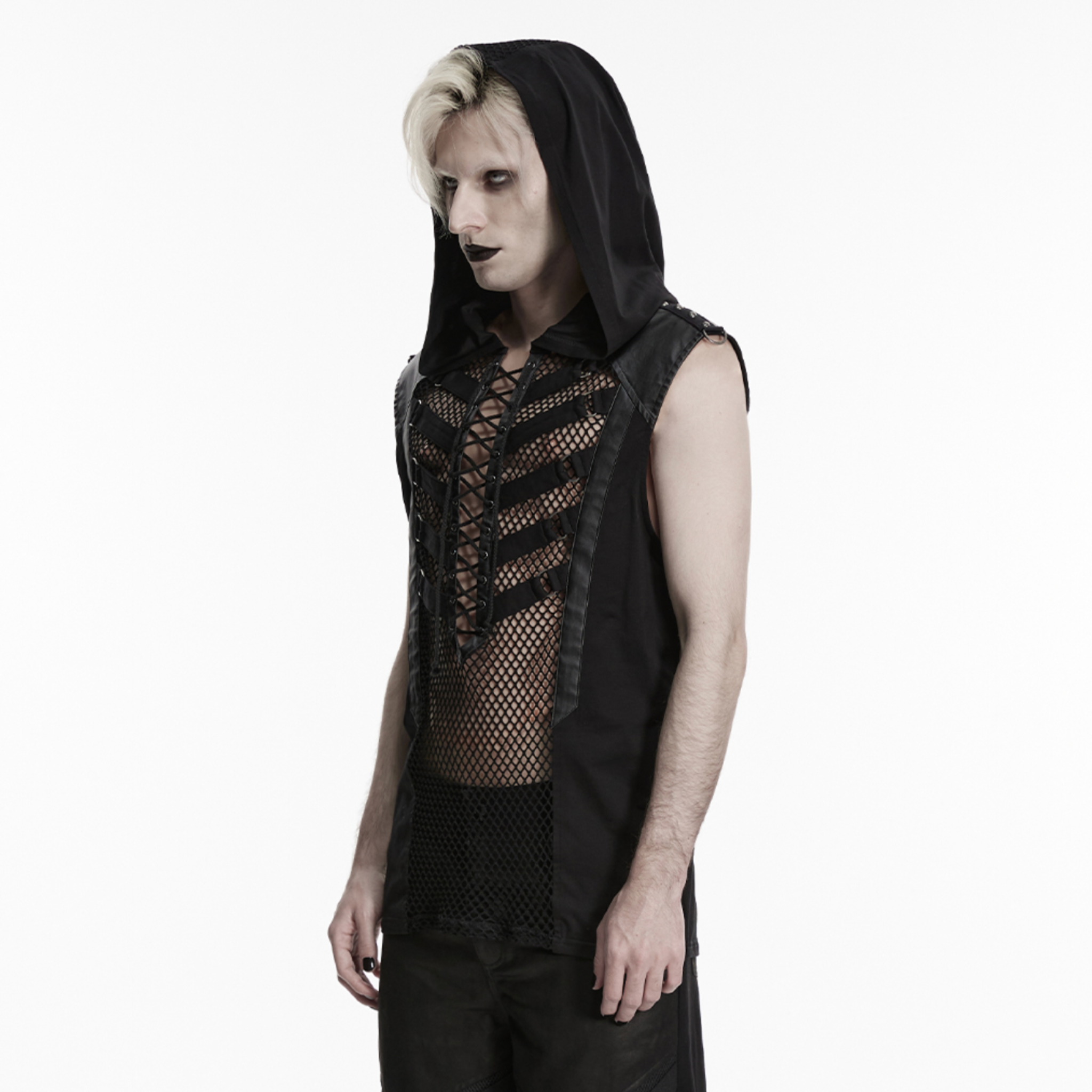 punk skeleton vision hooded vest black mesh sleeveless top 3d skeleton front drawstring eyelet webbing rubberized faux leather gothic punk alternative fashion vest