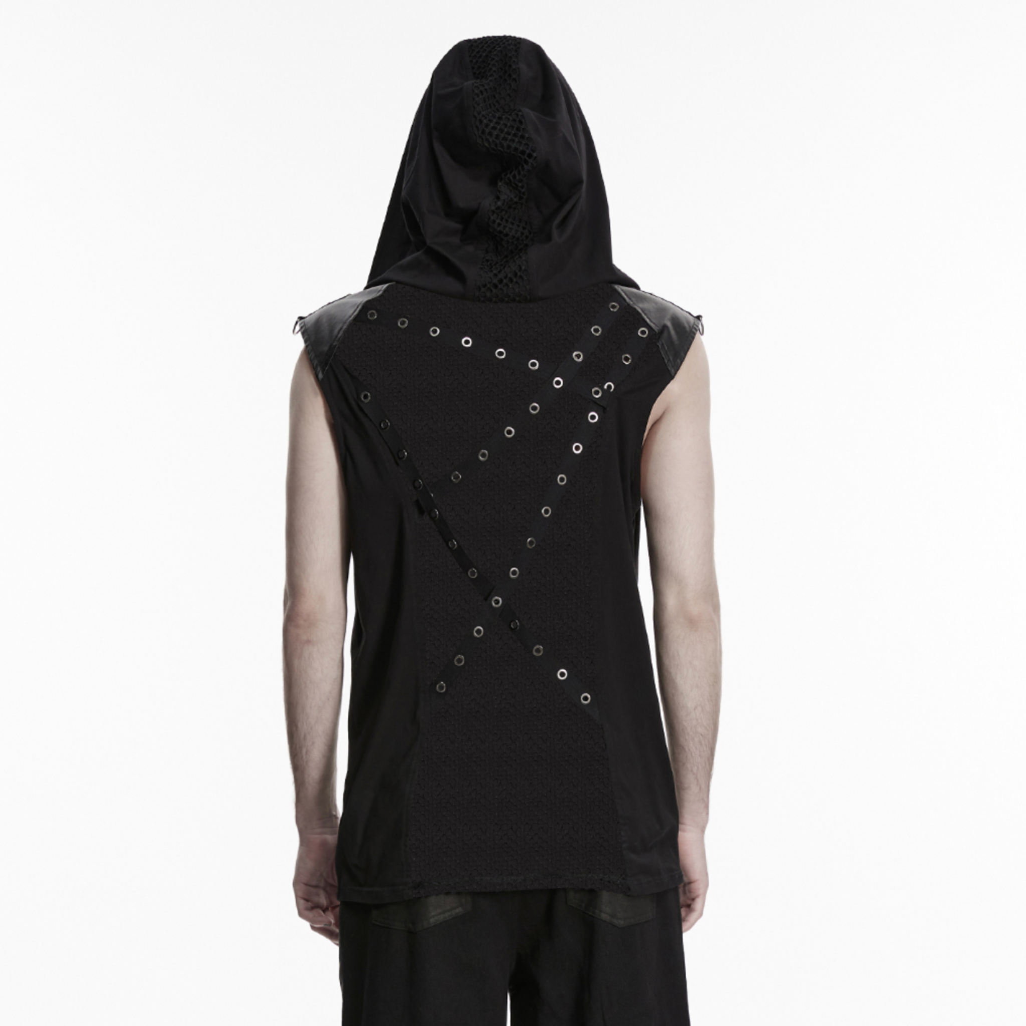 punk skeleton vision hooded vest black mesh sleeveless top 3d skeleton front drawstring eyelet webbing rubberized faux leather gothic punk alternative fashion vest