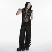 punk skeleton vision hooded vest black mesh sleeveless top 3d skeleton front drawstring eyelet webbing rubberized faux leather gothic punk alternative fashion vest