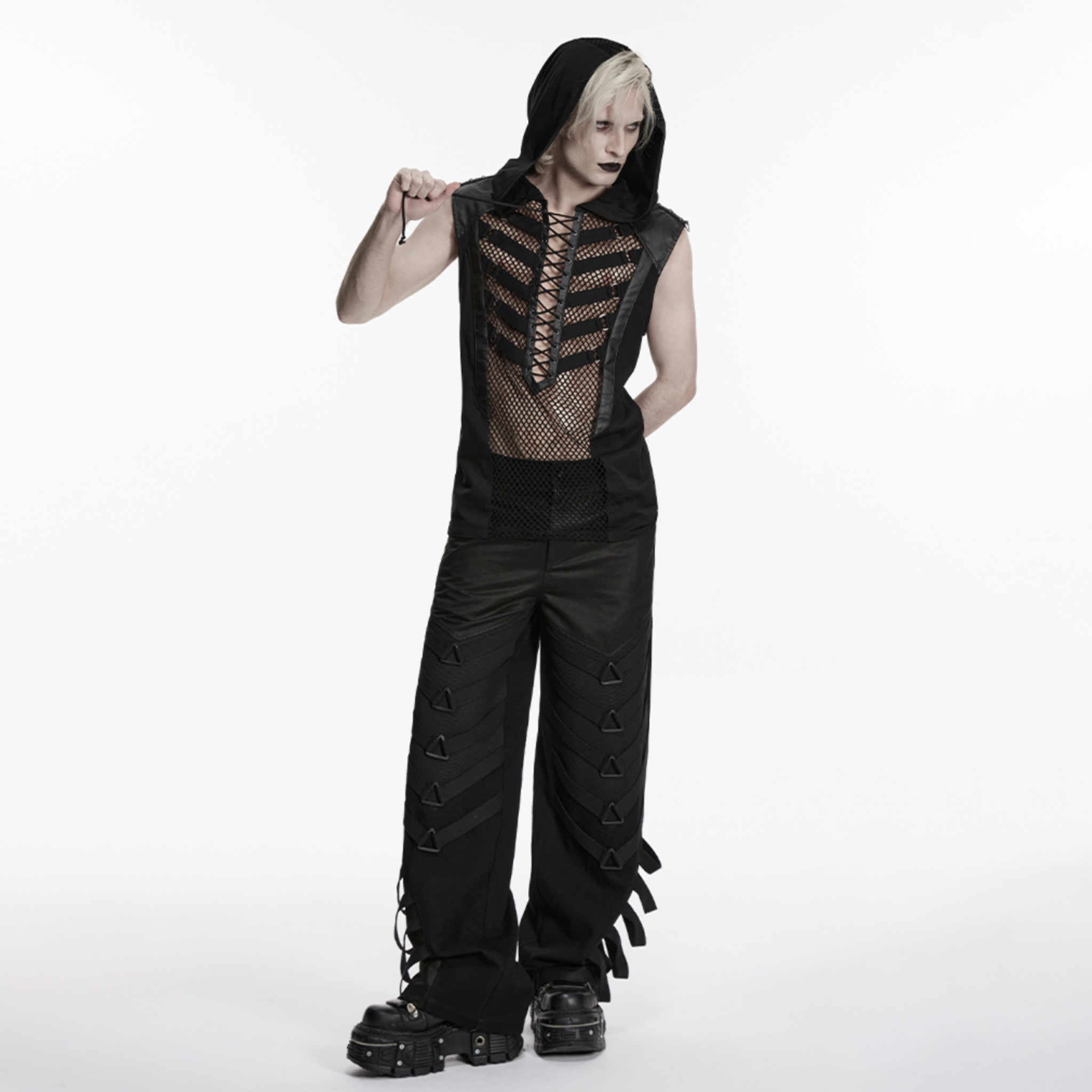 punk skeleton vision hooded vest black mesh sleeveless top 3d skeleton front drawstring eyelet webbing rubberized faux leather gothic punk alternative fashion vest