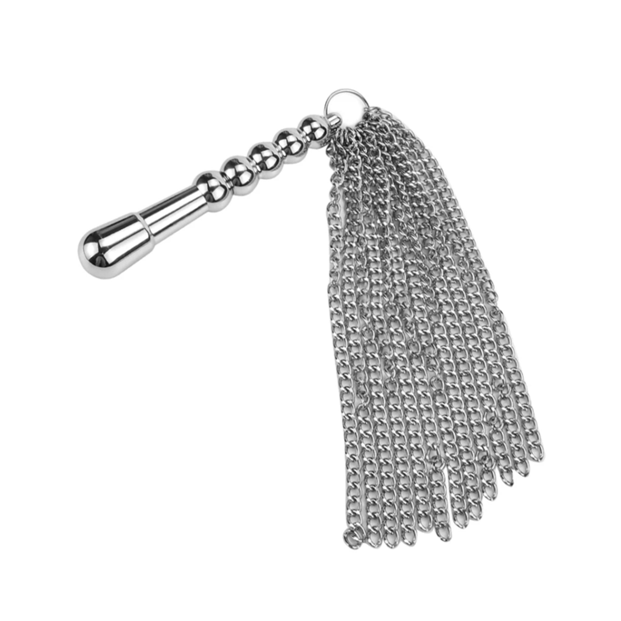 Metallic stainless-steel whip flogger chain O-ring handle rounded thuddy bondage bdsm kinky kinky-play impact impact-play impact-toys temperature temperature-play temp-play adult-toys chrome silver