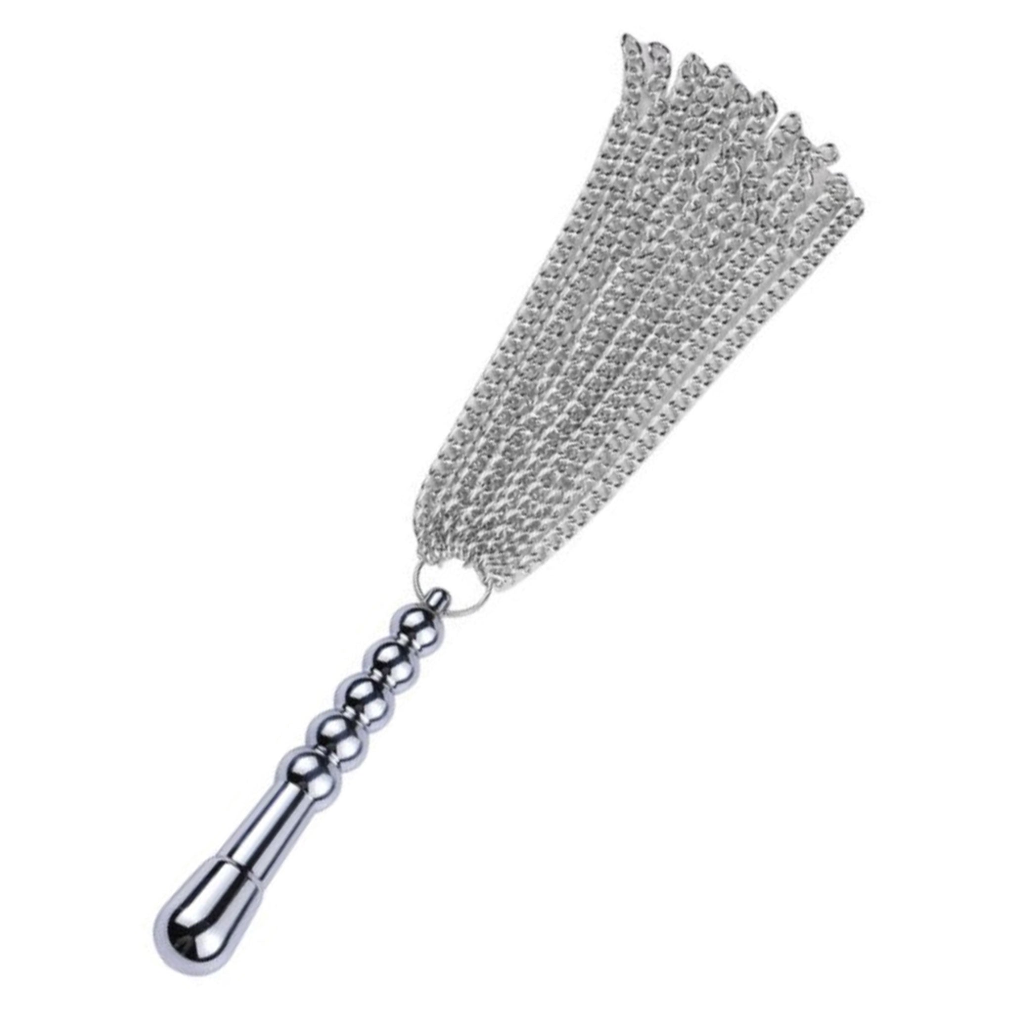 Metallic stainless-steel whip flogger chain O-ring handle rounded thuddy bondage bdsm kinky kinky-play impact impact-play impact-toys temperature temperature-play temp-play adult-toys chrome silver