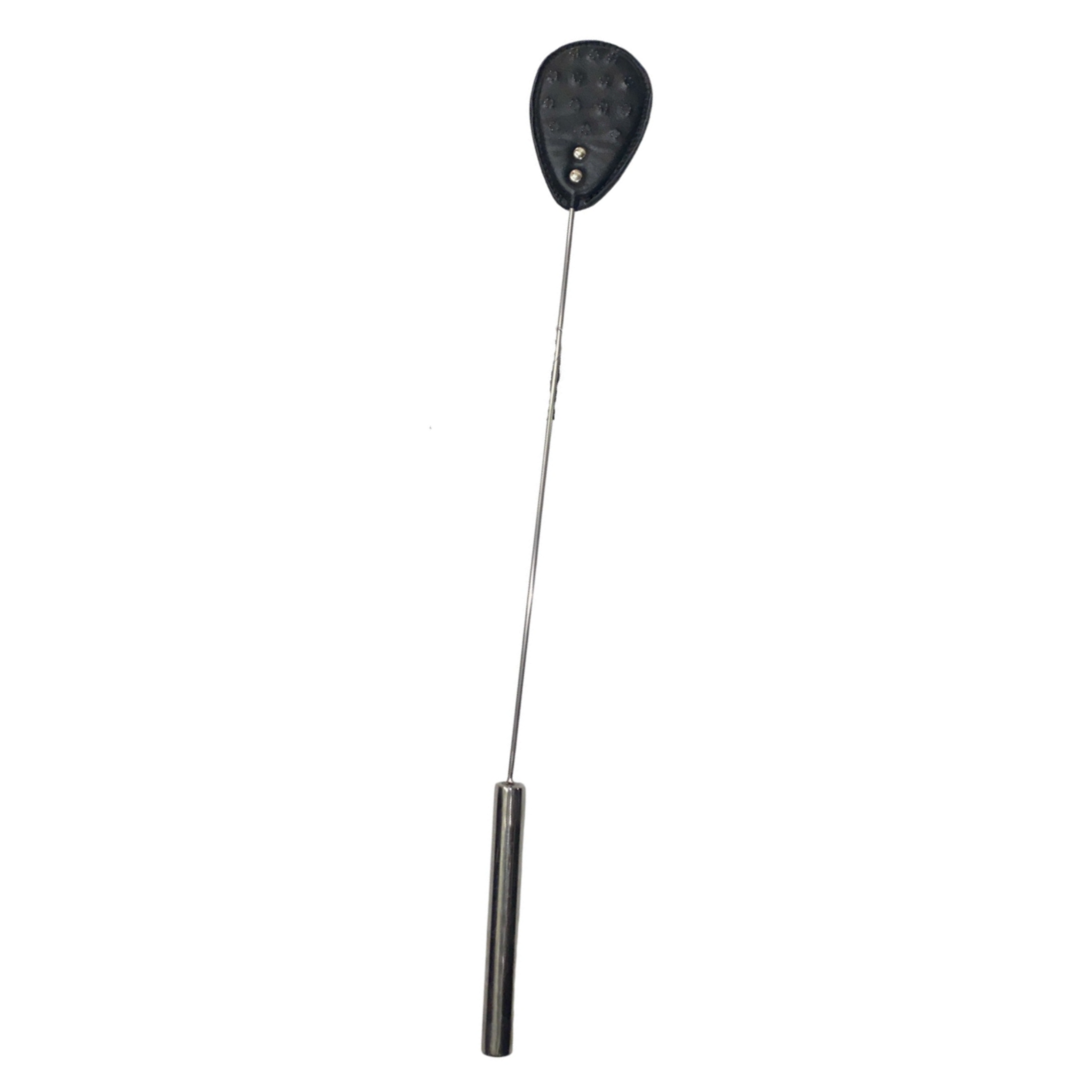 Black leather crop, metal handle, vampire teeth spikes, BDSM impact play, fetish whip.