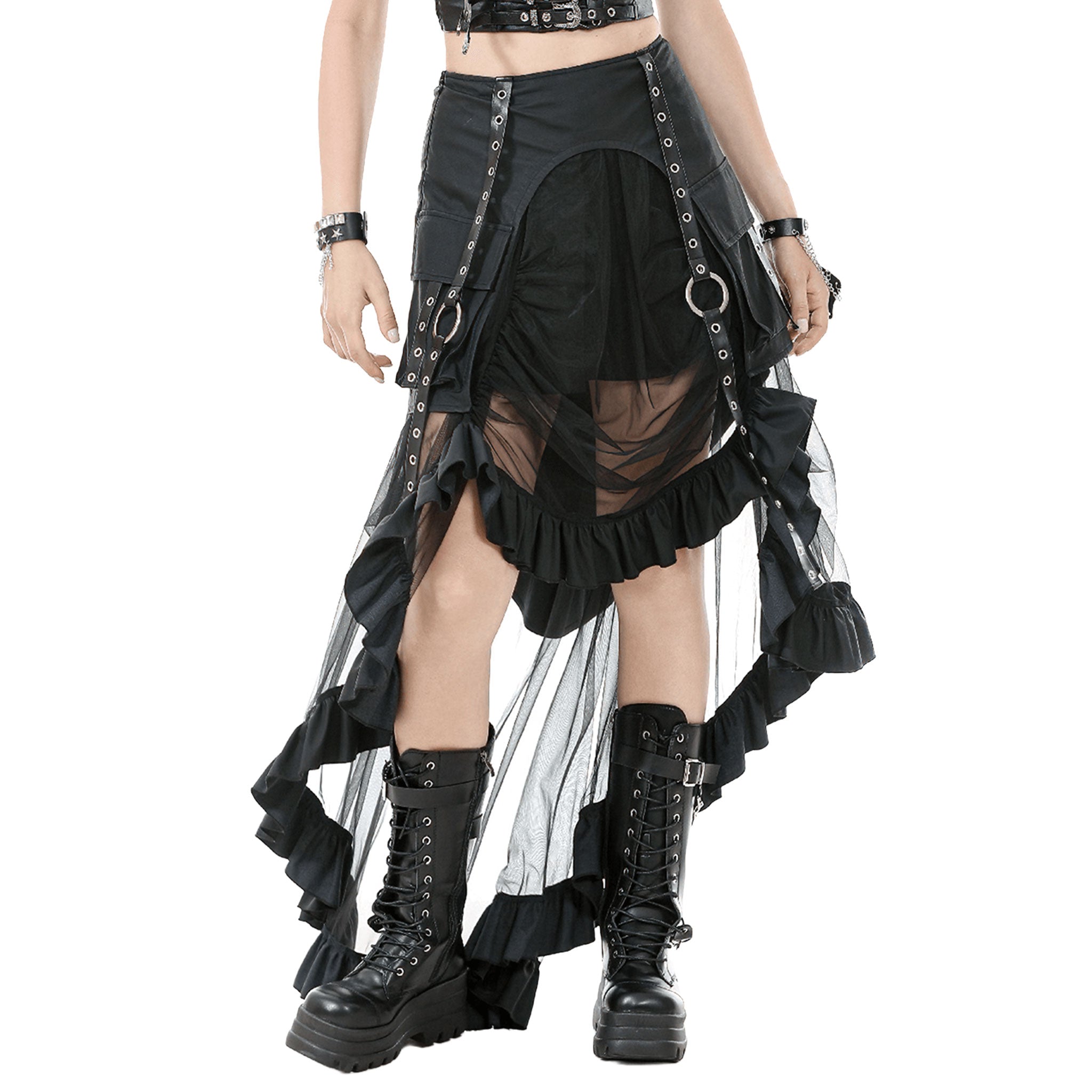 Polyurethane viscose sheer mesh transparent leather faux-leather wetlook grommets apparel bottoms skirt maxi-skirt layered leather-straps O-ring front-pockets flap-pockets cargo-pockets ruffled-hem asymmetrical-hem zipper hidden-zip stretchy matte-finish breezy breathable fetish fashion alt-fashion alternative punk goth gothic industrial costume cosplay halloween witch female femme feminine women black