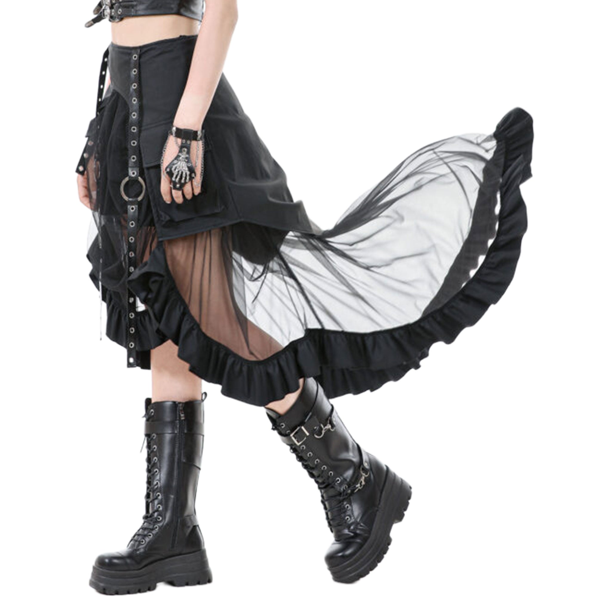 Polyurethane viscose sheer mesh transparent leather faux-leather wetlook grommets apparel bottoms skirt maxi-skirt layered leather-straps O-ring front-pockets flap-pockets cargo-pockets ruffled-hem asymmetrical-hem zipper hidden-zip stretchy matte-finish breezy breathable fetish fashion alt-fashion alternative punk goth gothic industrial costume cosplay halloween witch female femme feminine women black