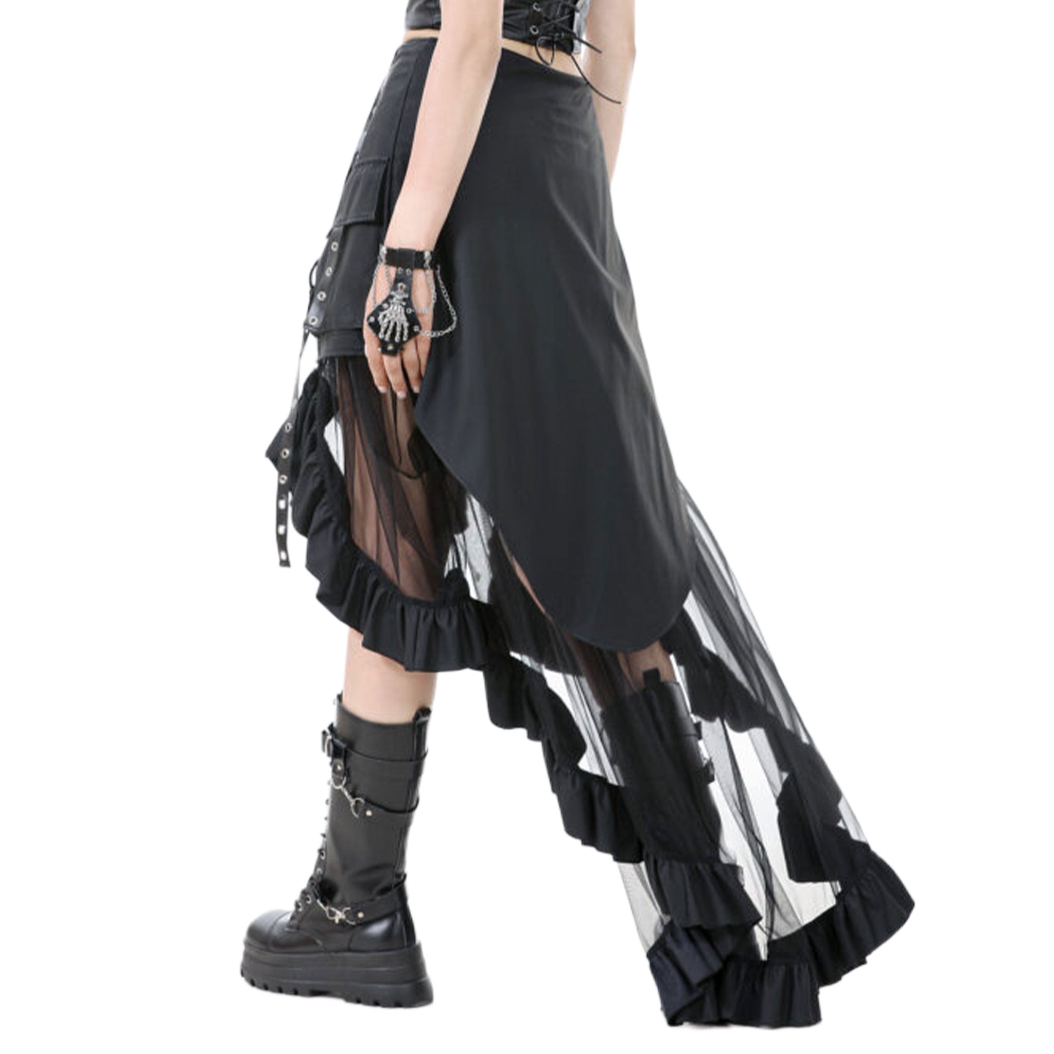 Polyurethane viscose sheer mesh transparent leather faux-leather wetlook grommets apparel bottoms skirt maxi-skirt layered leather-straps O-ring front-pockets flap-pockets cargo-pockets ruffled-hem asymmetrical-hem zipper hidden-zip stretchy matte-finish breezy breathable fetish fashion alt-fashion alternative punk goth gothic industrial costume cosplay halloween witch female femme feminine women black