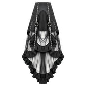 Polyurethane viscose sheer mesh transparent leather faux-leather wetlook grommets apparel bottoms skirt maxi-skirt layered leather-straps O-ring front-pockets flap-pockets cargo-pockets ruffled-hem asymmetrical-hem zipper hidden-zip stretchy matte-finish breezy breathable fetish fashion alt-fashion alternative punk goth gothic industrial costume cosplay halloween witch female femme feminine women black