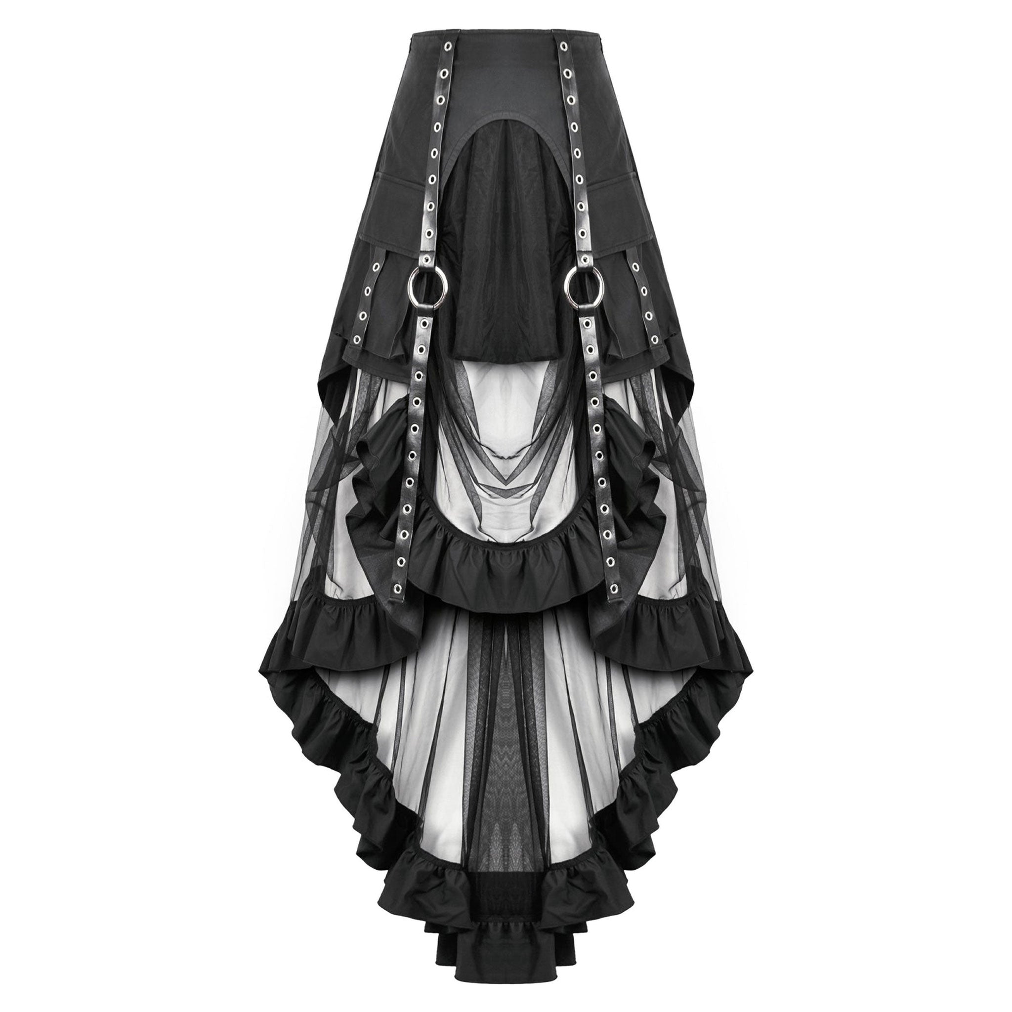 Polyurethane viscose sheer mesh transparent leather faux-leather wetlook grommets apparel bottoms skirt maxi-skirt layered leather-straps O-ring front-pockets flap-pockets cargo-pockets ruffled-hem asymmetrical-hem zipper hidden-zip stretchy matte-finish breezy breathable fetish fashion alt-fashion alternative punk goth gothic industrial costume cosplay halloween witch female femme feminine women black