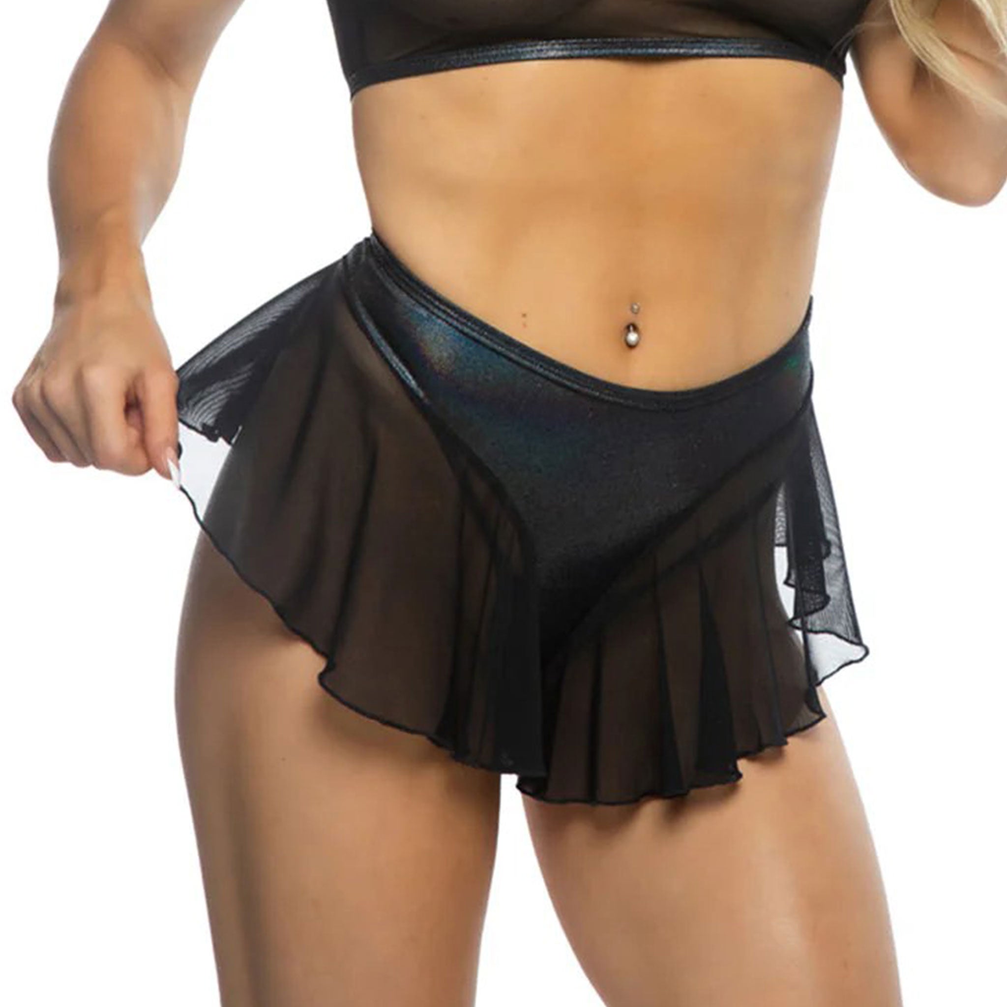 Nylon spandex mesh sheer transparent see-through seethru see-thru fishnet fish-net bottoms shorts booty-shorts intimates lingerie high-rise lightweight breathable comfortable all-day flutter fluttery flared flowy playful edgy style stylish dynamic versatile boho-chic chic bold shiny stretchy fetish fashion alt-fashion rave ravewear club clubwear dancewear festival overlay female femme feminine women black metallic 