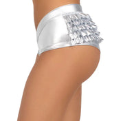 Polyester shorts shiny metallic lame stretchy ruffle back low rise low-rise silver