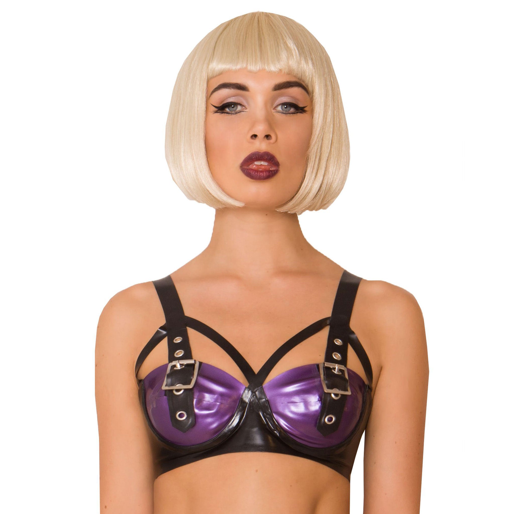 Latex rubber intimates lingerie bra underwire support half-cup demicup demi-cup buckle pyramid-frame adjustable shoulder-straps tantalizing press-stud snap-button back-closure fetish fashion alt-fashion bdsm bdsm-inspired kink kinky tantalizing female femme feminine women purple black