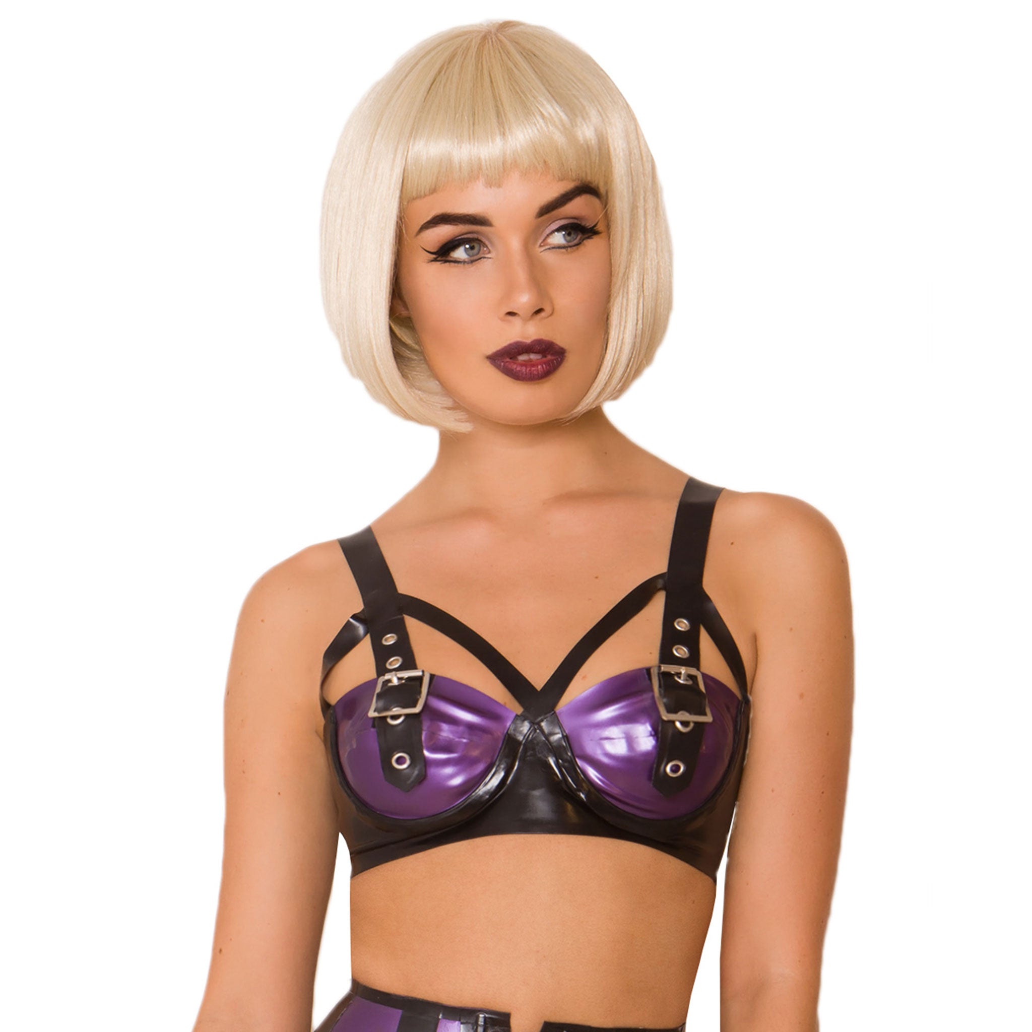 Latex rubber intimates lingerie bra underwire support half-cup demicup demi-cup buckle pyramid-frame adjustable shoulder-straps tantalizing press-stud snap-button back-closure fetish fashion alt-fashion bdsm bdsm-inspired kink kinky tantalizing female femme feminine women purple black
