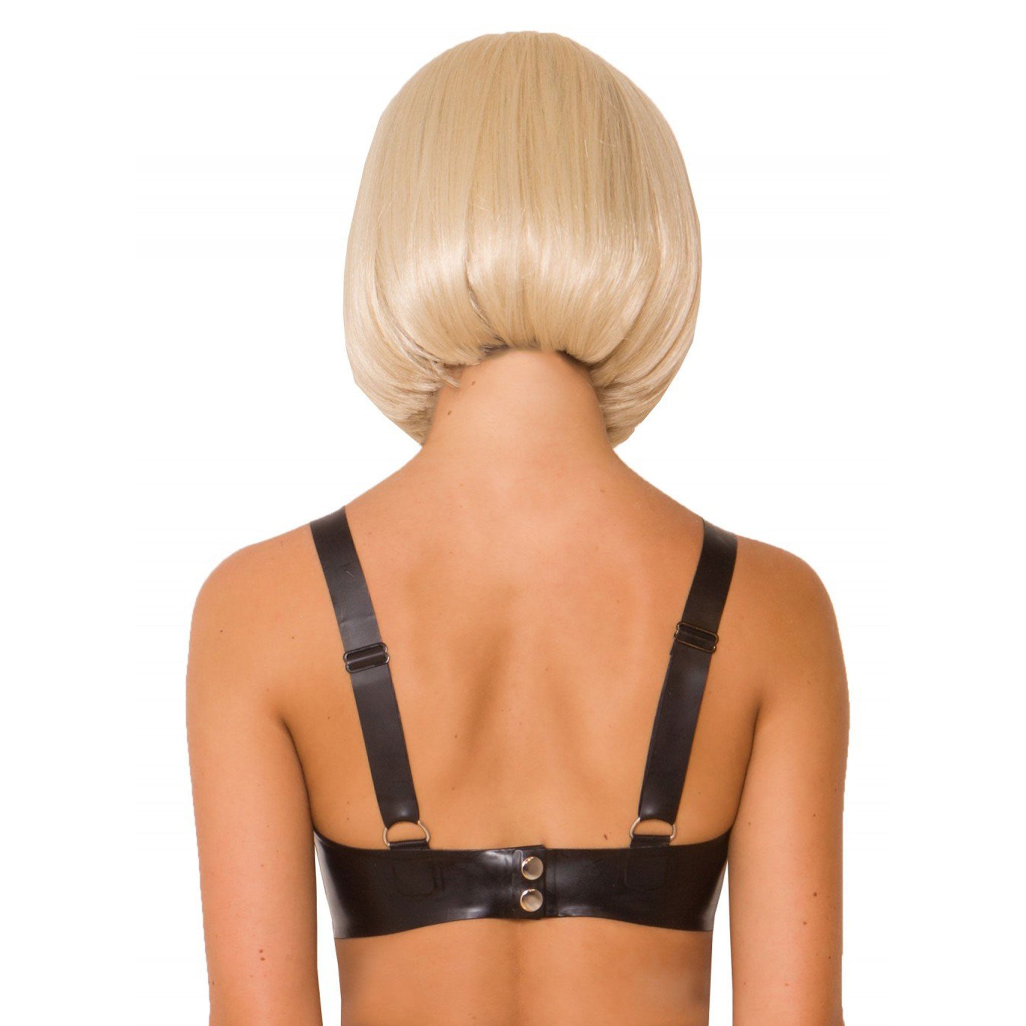 Latex rubber intimates lingerie bra underwire support half-cup demicup demi-cup buckle pyramid-frame adjustable shoulder-straps tantalizing press-stud snap-button back-closure fetish fashion alt-fashion bdsm bdsm-inspired kink kinky tantalizing female femme feminine women purple black