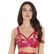 Latex rubber intimates lingerie bra underwire support half-cup demicup demi-cup buckle pyramid-frame adjustable shoulder-straps tantalizing press-stud snap-button back-closure fetish fashion alt-fashion bdsm bdsm-inspired kink kinky tantalizing female femme feminine women red