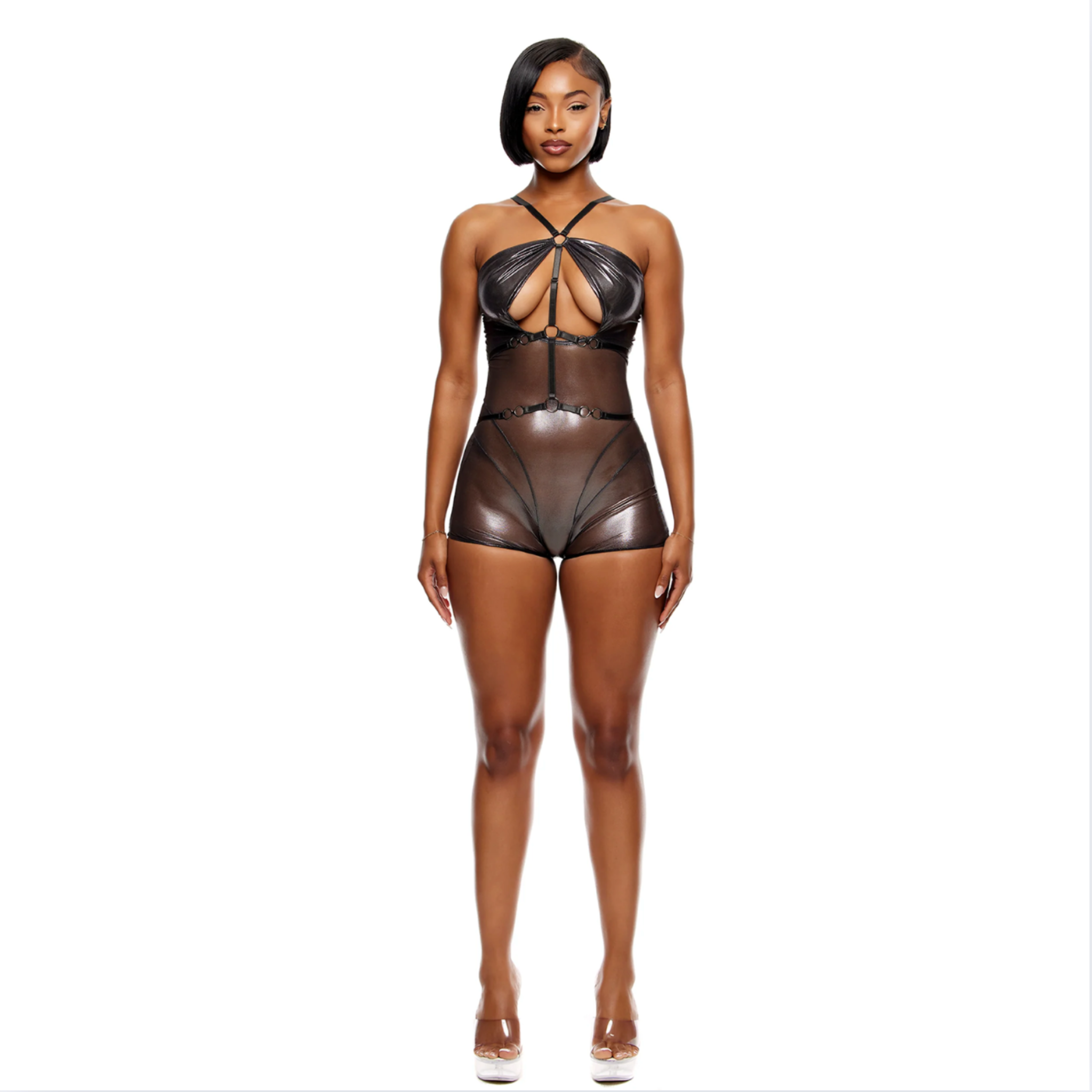 Metallic Mesh Romper, foil mesh, halterneck, keyhole cutout, O-ring harness, sexy lingerie.