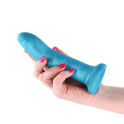 Silicone dildo dong non-vibe non-vibrating curved plush shimmery luxurious royal harness-compatible strapon strap-on suction-cup adult-toys teal