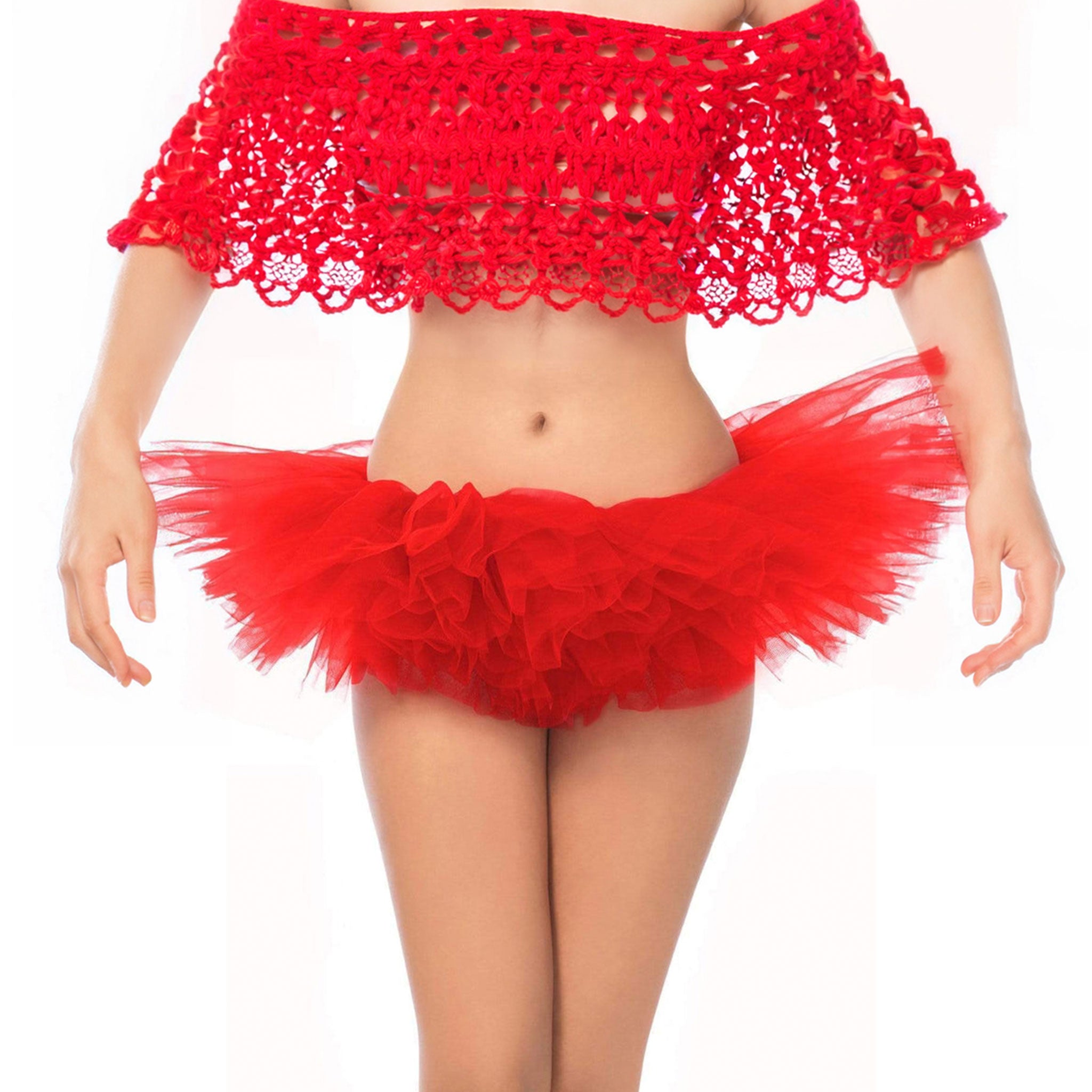 Polyester organza elastic-waistband apparel bottoms skirts microskirt micro-skirt tutu tutu-skirt cheeky playful fluffy fashion alt-fashion alternative rave ravewear raver-babe festivalwear kink kinky kinkwear exhibition flashing costume cosplay halloween halloween-accessories halloween-costume ballerina fairy fantasy DIY-costume eyekndy female femme feminine women red
